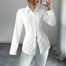 女士白色长袖翻领衬衫，撞色蕾丝细节，纽扣前襟，常规版型 - 白色 - 查看 3