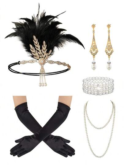 5件套1920年代复古女郎风格女士服装配饰套装，包括羽毛发箍、复古珍珠项链、手套、水钻耳环和派对头饰，适合女性佩戴。