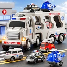 HENGPHY 5 In 1 Ambulance Vehicle Truck Toys For 3 4 5 6 Year Old Boys, Kids Carrier Friction Powered Cars With Light And Sound Helicopter, Fire Truck, Ambulance Car, Christmas Birthday Gifts For Age 3-9 Boys Girls - White - View 2