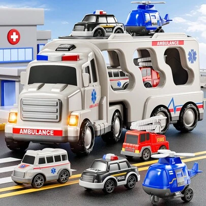 HENGPHY 5 In 1 Ambulance Vehicle Truck Toys For 3 4 5 6 Year Old Boys, Kids Carrier Friction Powered Cars With Light And Sound Helicopter, Fire Truck, Ambulance Car, Christmas Birthday Gifts For Age 3-9 Boys Girls