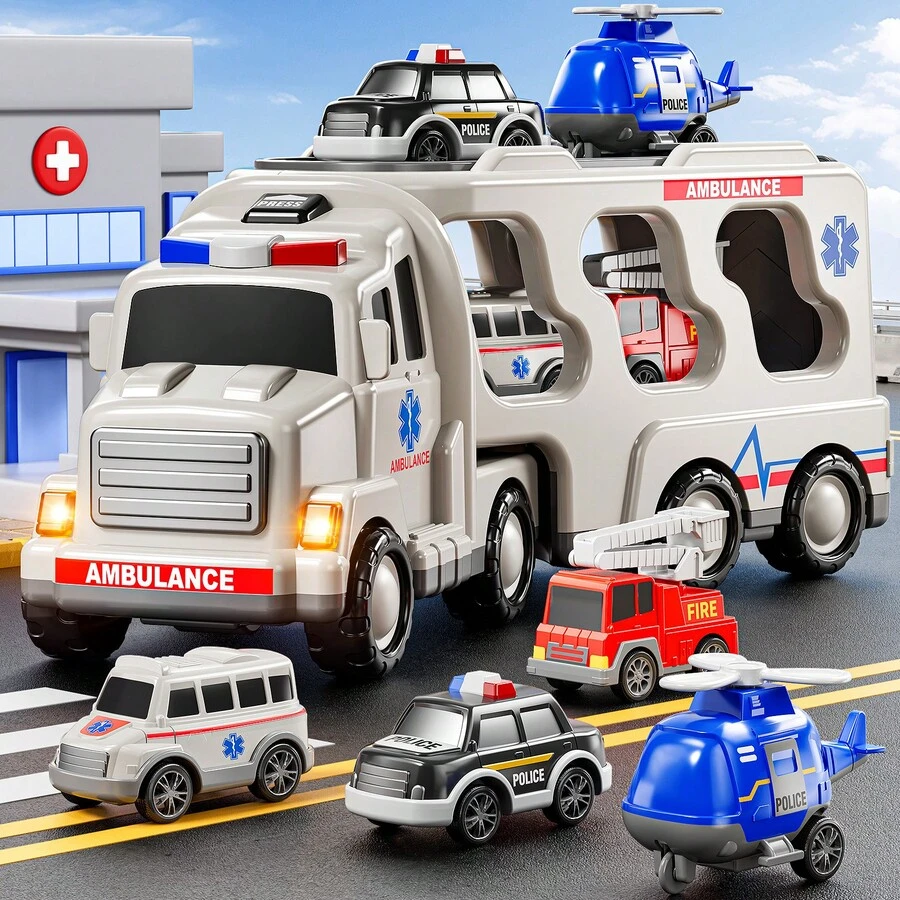HENGPHY 5 In 1 Ambulance Vehicle Truck Toys For 3 4 5 6 Year Old Boys, Kids Carrier Friction Powered Cars With Light And Sound Helicopter, Fire Truck, Ambulance Car, Christmas Birthday Gifts For Age 3-9 Boys Girls