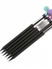 黑色木质铅笔，配有电镀笔帽和绒球，精致美观的礼品铅笔 - 黑色 - 查看 4