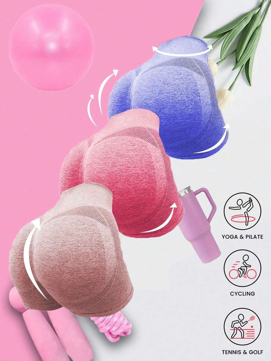 3 قطع سراويل قصيرة رياضية للنساء تشكيل الخصر عالي الخصر ورفع الأرداف، موضة ولياقة بدنية، سراويل قصيرة للجيم - متعدد الألوان - مشاهدة 1