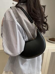 1pc PU Solid Color Zipper Crescent Underarm Bag, Fashionable Retro Shoulder Bag, Suitable For Office Ladies, Versatile (Lychee Pattern Style) - Black - View 5