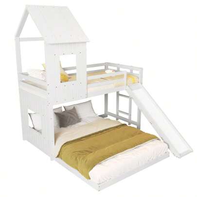 Bunk Bed With Slide, House Bed, Children's Bed, With Safety Rail, With Window And Roof, With Three-Step Ladder, Pine+MDF, White, 90x200cm & 140x200cm