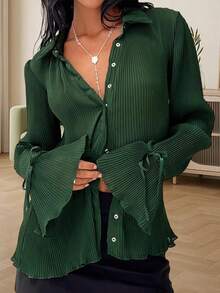女士优雅褶皱大码翻领长荷叶袖纽扣前襟修身衬衫，梭织面料，休闲修身长袖衬衫，适合春秋季穿着，缎带袖口设计，适合办公室、日常、旅行、约会等场合。 - 墨綠色 - 查看 1
