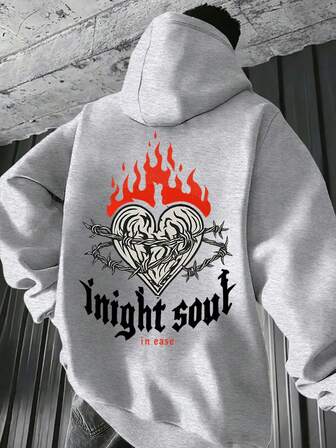 1 st Plus Size Herrtröja med Flammande Tryck, Termiskt Fodrad, Tjock, Fritidskläder för Friluftsliv, Höst/Vinter