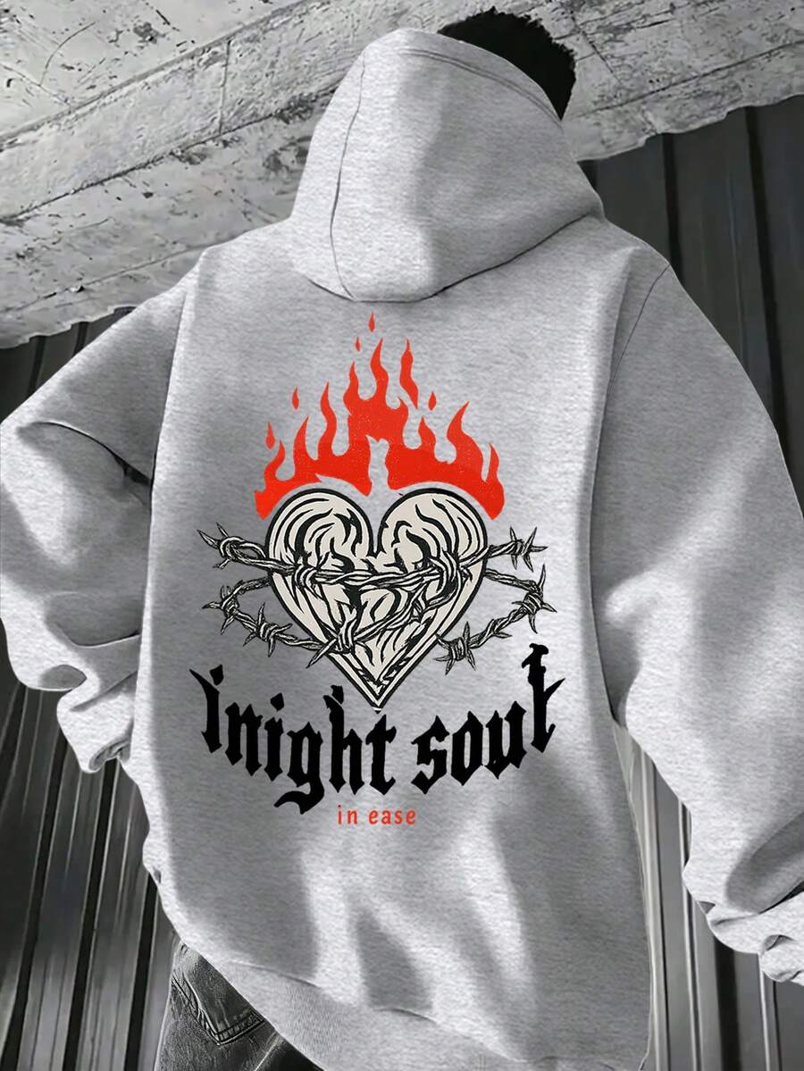 1pc Unisex Plus Size Flame Print Hoodie, Thermal Lined, Casual Outdoor Wear, Autumn/Winter