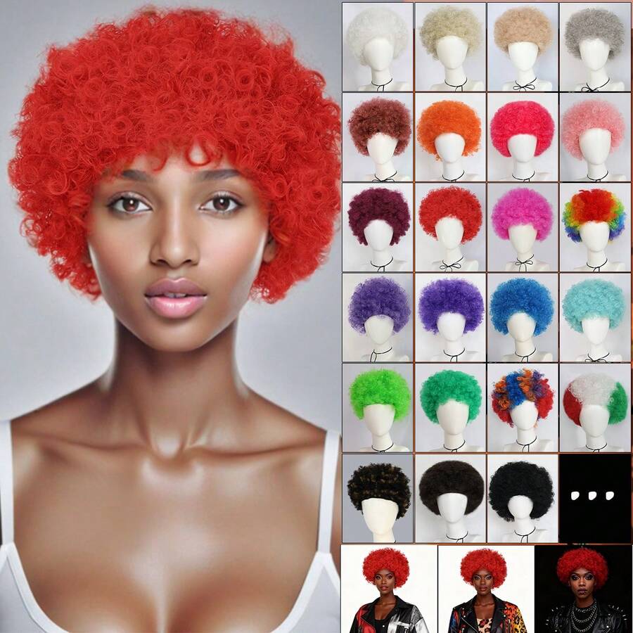 Perruque bouclée volumineuse, perruque afro synthétique courte, rétro années 70/80, boucles spiralées moelleuses, élastique et douce, apparence naturelle, convient pour le port quotidien, les fêtes d'Halloween, les événements sportifs, les concerts, le cosplay, le scientifique fou, l'artiste fou, le clown amusant, les tenues rock disco cool et uniques. Unisexe, plusieurs couleurs disponibles, excellent cadeau/décoration pour Noël, anniversaire, Thanksgiving, facile pour les débutants. - Multicolore - Voir 1