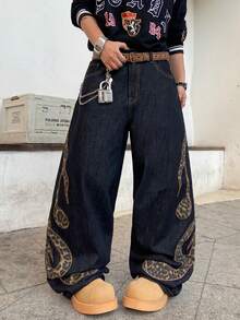 1 chiếc quần jeans ống rộng kiểu Mỹ cổ điển, thêu họa tiết, dáng rộng thoải mái, phù hợp cho mọi mùa (Không bao gồm thắt lưng và phụ kiện) - màu đen - Xem 5