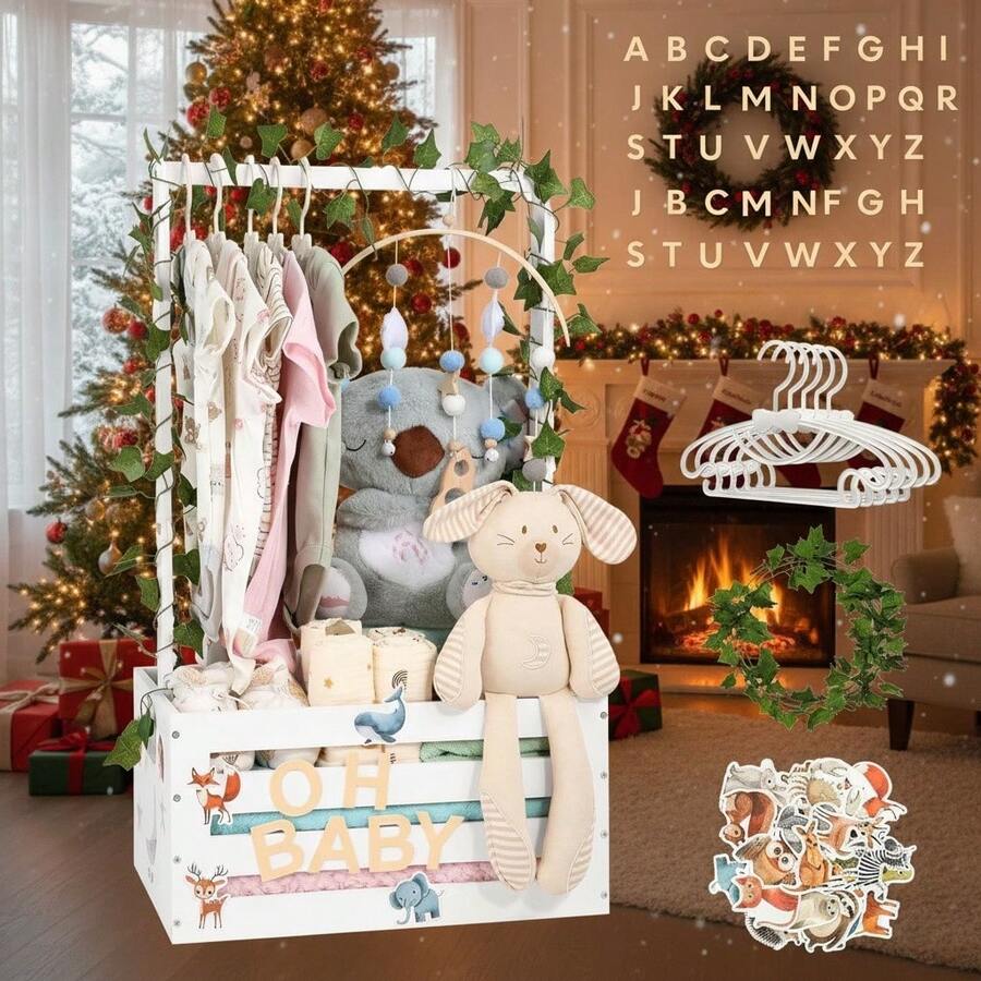 Baby Shower Gifts Basket Wooden Crate, 26-Letters And Baby Clothes Hangers New Born Baby Girl Boy Gifts Vine Decorations Cute Closet With Handle Pregnancy Gifts For New Mom Parents - White - View 1