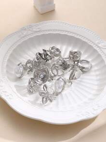 7/14pcs Fashionable Exaggerated Vintage Coin & Chunky Flower Faux Pearl Ring Set, Women Vacation, Party, Birthday, Holiday Gift, Versatile Daily Wear - Silver - View 7