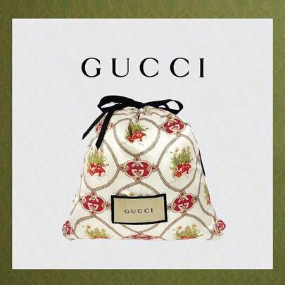 Gucci Vintage Floral Drawstring Pouch Bag, Rope Chain Print Makeup Organizer, Elegant Jewelry Storage Gift Bag