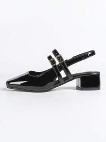 宽楦女式高跟鞋、时尚漆皮凉鞋、休闲露趾后带凉鞋、系带凉鞋、职业凉鞋、玛丽珍平底鞋、休闲露跟穆勒鞋 - 黑色 - 查看 7