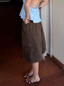Womens Denim Cargo Shorts Summer Fashionable Drawstring Loose Knee Length Jean Shorts With Pocket - Coffee Brown - View 5