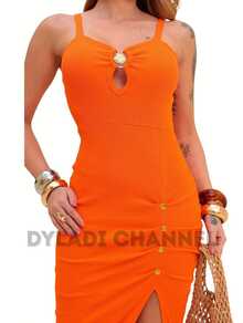Midi Dress In Ribbed Cotton With Elastic Button, Side Slit, And Stylish For Summer. Women's Fashion. - Orange - View 2