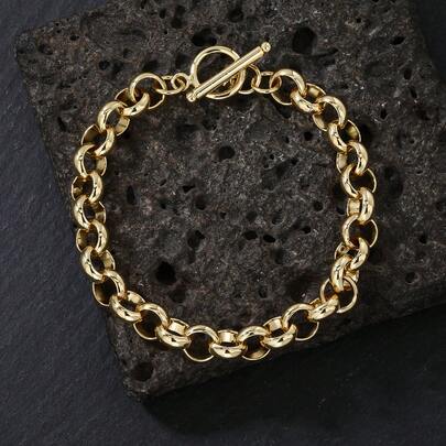 1pc 18K Gold Plated Copper 10mm Smooth Round Hoop Bracelet With Fashionable OT Clasp, Unisex Hiphop Bracelet, Versatile For Daily Wear