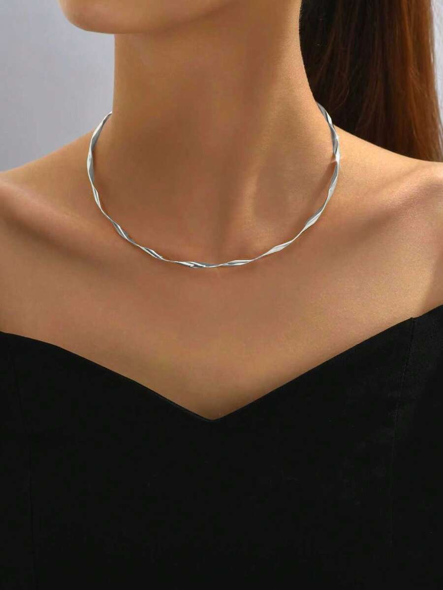 1pc New Creative Minimalist Autumn/Winter Fashion Line Spiral Choker Necklace, Elegant Design - Silver - View 1