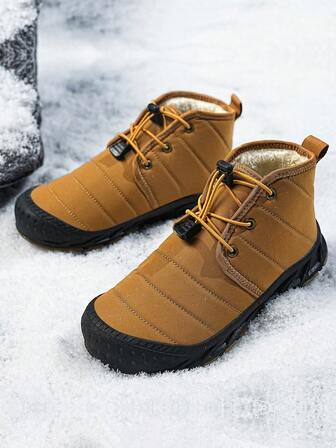 Herrskor med termofoder, elastisk midja, slip-on-design, tjock sula, rund tå, halvhög vad, mångsidiga vinterskor för utomhusbruk, dagligt bruk