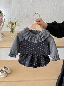 3pcs Baby Girl Sweet Peter Pan Collar Undershirt, Ditsy Floral Vest, Ruffle Pants Set, Autumn