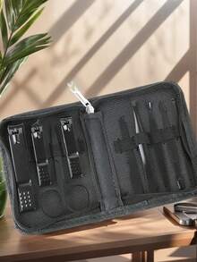 六合一专业美甲美足套装，男女通用，高品质不锈钢材质，带收纳盒，便携式指甲钳，适合居家旅行，包含绿色指甲锉、镊子和指甲钳，轻巧美容工具套装，也适用于面部护理 - 墨綠色 - 查看 7