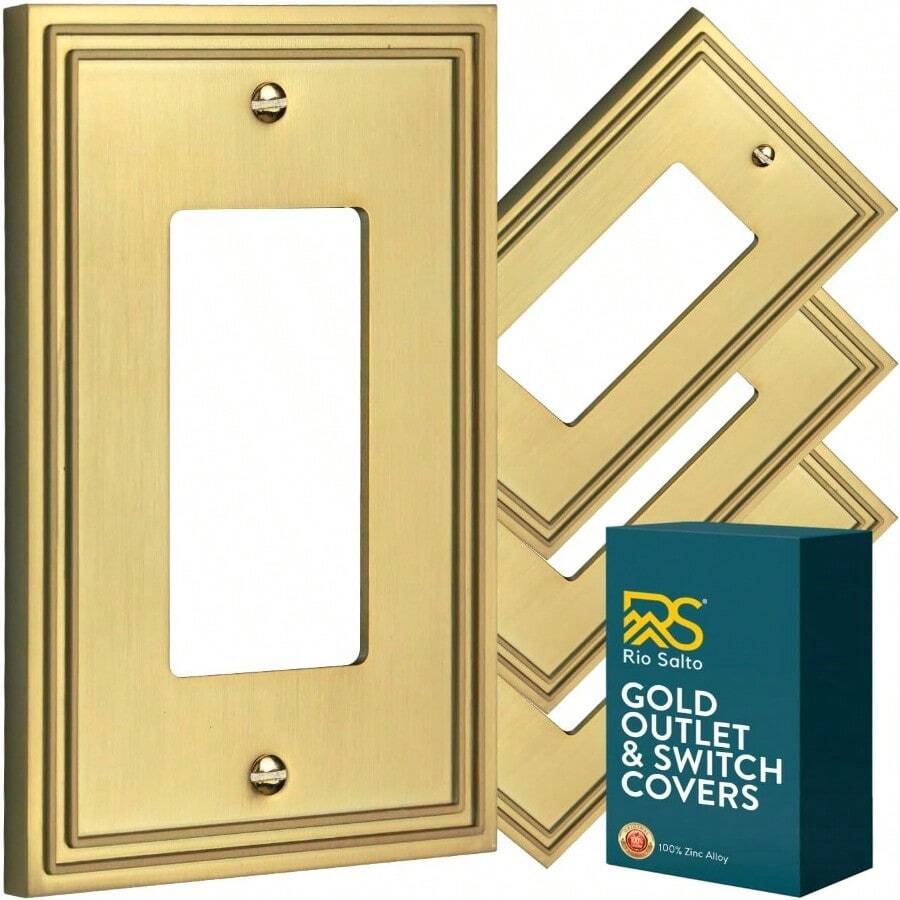 Rio Salto Imperial Collection Metal Gold Light Switch Cover Outlet Covers Brushed Brass Gold Decorative Wall Plate Single Rocker 1 Decora Decoration For Modern Home Living Room Bedroom Bathroom Interior Design Medium Size 4 Pack - BrushedBrassGold - View 1
