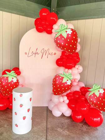 106pcs Strawberry Balloon Set, Includes Strawberry Foil Balloons, Matte Light Pink & Red Latex Balloons, Suitable For Strawberry Sweet Birthday Decoration, Strawberry Birthday Party, Berry Theme Party, Shower Party, Strawberry Party Decorations, Strawberry Girl Birthday Party, Fruit Theme Party Decor