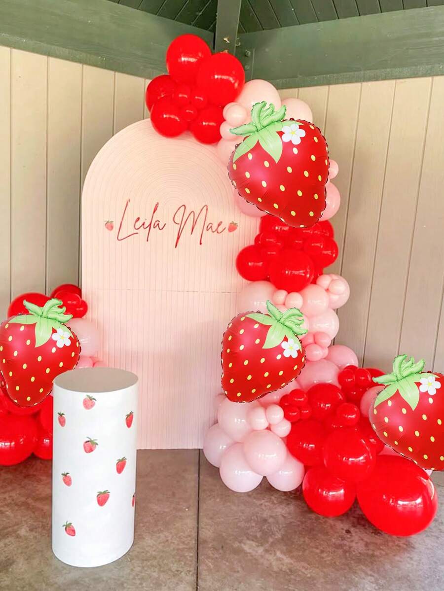 106pcs Strawberry Balloon Set, Includes Strawberry Foil Balloons, Matte Light Pink & Red Latex Balloons, Suitable For Strawberry Sweet Birthday Decoration, Strawberry Birthday Party, Berry Theme Party, Shower Party, Strawberry Party Decorations, Strawberry Girl Birthday Party, Fruit Theme Party Decor - Multicolor - View 1