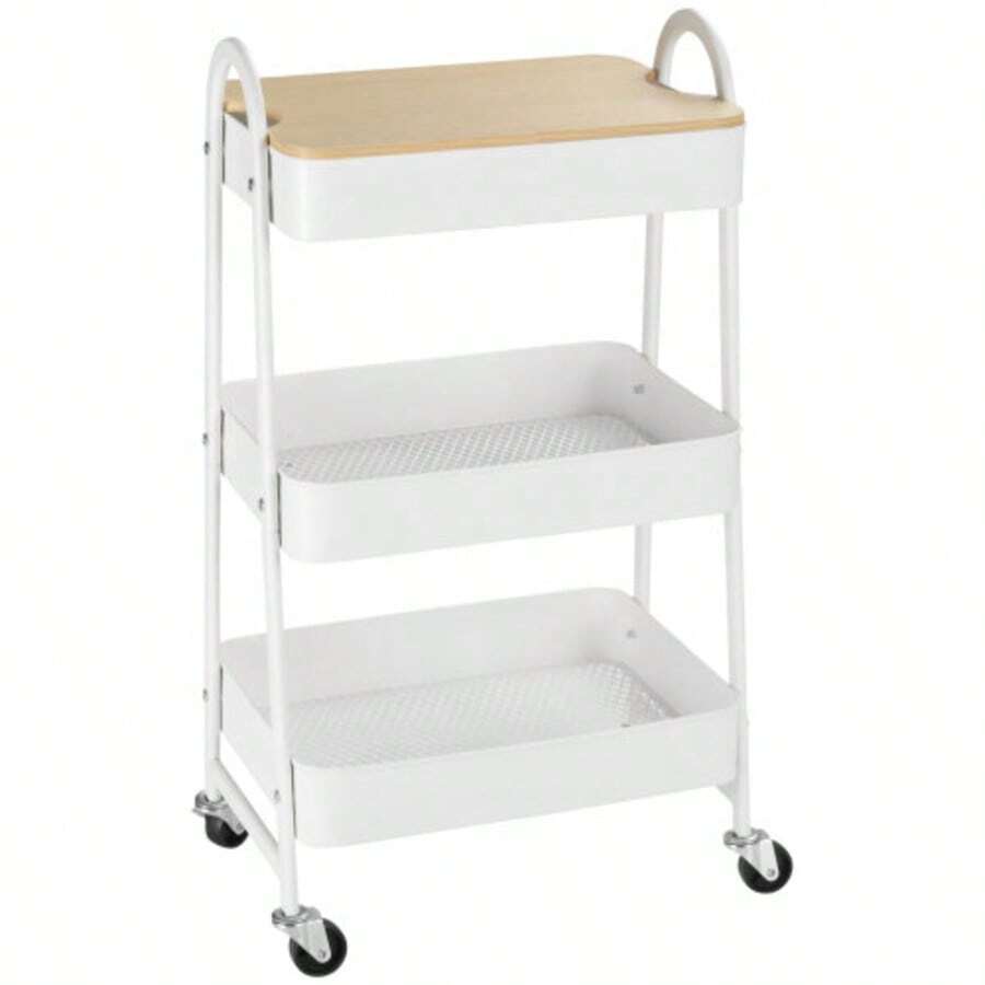 HOMCOM Kitchen Trolley, 3-Tier Metal Rolling Cart With Large Storage Space & Lid For Kitchen And Office, Steel, White, 45x31x79.4cm - White - View 1