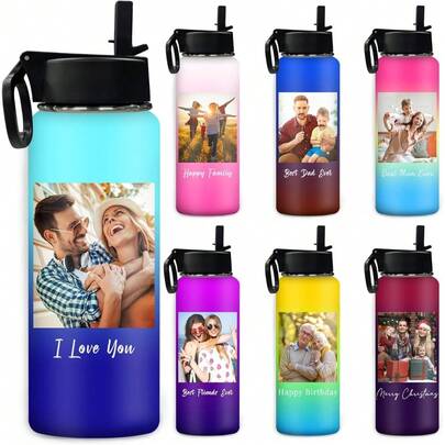 1pc 18oz Personalized Photo Water Bottles, Custom Text Stainless Steel Insulated Water Bottle With Lid, Customized Men Women Sports Water Bottle Tea Cup With Your Own Pictures For Christmas