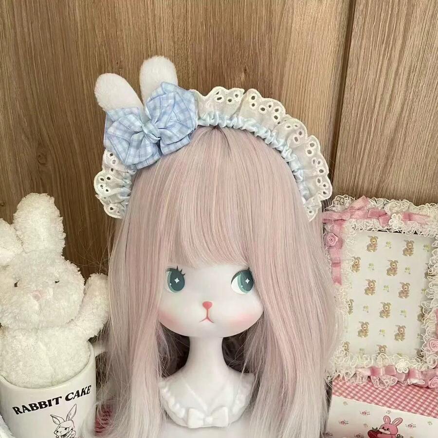 1pcs Niche Lolita Bunny Ear Lace Headband - Blue Checkered Bowknot Style, Lolita Outfit/Cute Party Accessory, Eye-Catching Personality Hair Ornament - 粉色 - 查看 1
