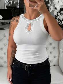 ChicMe 大码女式水钻镂空圆领无袖背心，罗纹针织，休闲舒适基础款，适合日常约会穿着