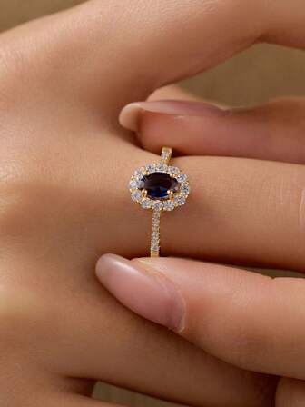 1pc Sterling S925 Silver Luxury Elegant Fashion Charming Sparking Geometric Oval Blue Zirconia Finger Ring For Women Lover Party Wedding Engagement Statement Jewelry Gift