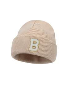 1顶男女通用个性化刺绣A-Z字母弹力针织帽，时尚街头嘻哈针织帽，适合秋冬季日常佩戴 - 米色 - 查看 8