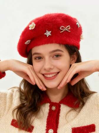 A Christmas Element, Christmas, Rabbit Fur Beret, Sweet Style, Christmas Gift, Daily Wear.