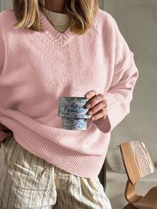 Live To Mo 女士冬季毛衣，女士休闲V领针织套头衫，粉色毛衣上衣，适合外出、约会、日常通勤、新年、圣诞节等场合穿着。