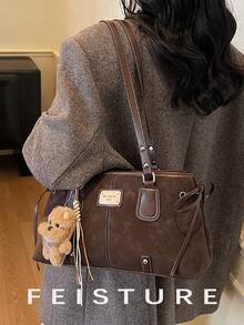 1pc FEISTURE Vintage PU Leather Large Capacity Underarm Bag, Bowling Style Commuter Bag For Women, Get A Free Pendant With Store Follow, Suitable For Daily Outing, Dating, Commuting - Coffee - View 4