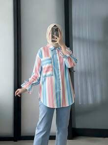 女士适度长袖常规长度衬衫，条纹梭织面料衬衫领，纽扣前喇叭袖