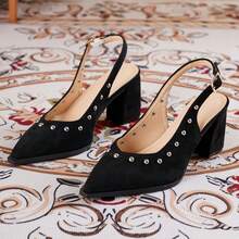 New Vintage Pointed Toe Rivet Decor Chunky Heel Sandals, Strap Versatile Slip-On Flats For Office Wear - Black - View 4