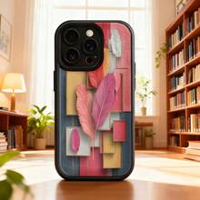 Cubierta de teléfono con diseño de plumas y formas geométricas en tonos rosados y azules para uso diario en interioresAplicable a teléfonos Apple y Galaxy. - Blanco - Ver 1