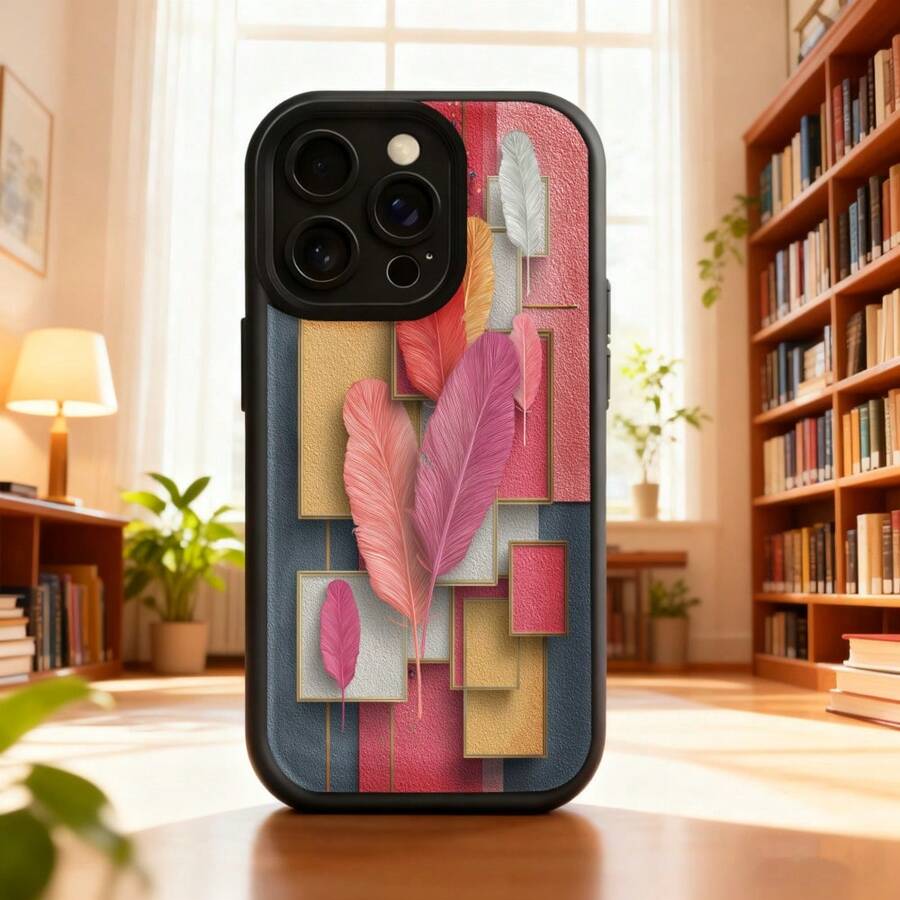 Cubierta de teléfono con diseño de plumas y formas geométricas en tonos rosados y azules para uso diario en interioresAplicable a teléfonos Apple y Galaxy. - Blanco - Ver 1