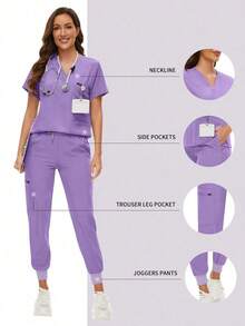 Surgical Uniforms Woman Scrub Set Nurse Beauty Salon Workwear Clinical Scrubs Top Pants Sets Spa Doctor Nursing Clinical Suit - 黑色 - 查看 1