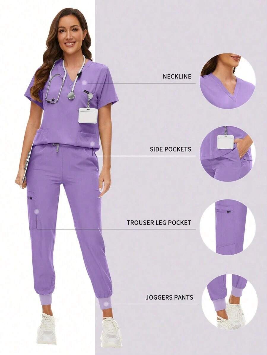 Surgical Uniforms Woman Scrub Set Nurse Beauty Salon Workwear Clinical Scrubs Top Pants Sets Spa Doctor Nursing Clinical Suit - 黑色 - 查看 1