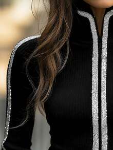 金属拉链装饰开衫，黑色高领修身针织衫，时尚派对休闲上衣，春季款 - 黑色 - 查看 3