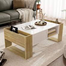 Modern Coffee Table 105 X 60 X 40 Cm - Partially High Gloss, With Drawers And Open Compartments - Wood Color+White - View 2