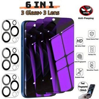 [6in1] 3pcs Purple Privacy Tempered Glass+3pcs Camera Lens Protectors Compatible With Apple 7 8 X XS XS MAX 11 12 13 MINI 14 15 16 17 Air Pro PLUS ProMax