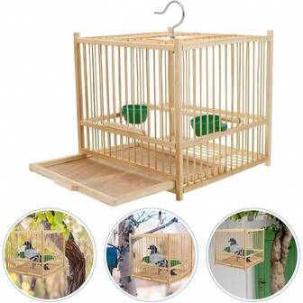 1set Bamboo Bird Cage, Bamboo Handmade Boutique Birdcage, With Feeder Plastic Hanging Bird House Carrier, Small Parro...