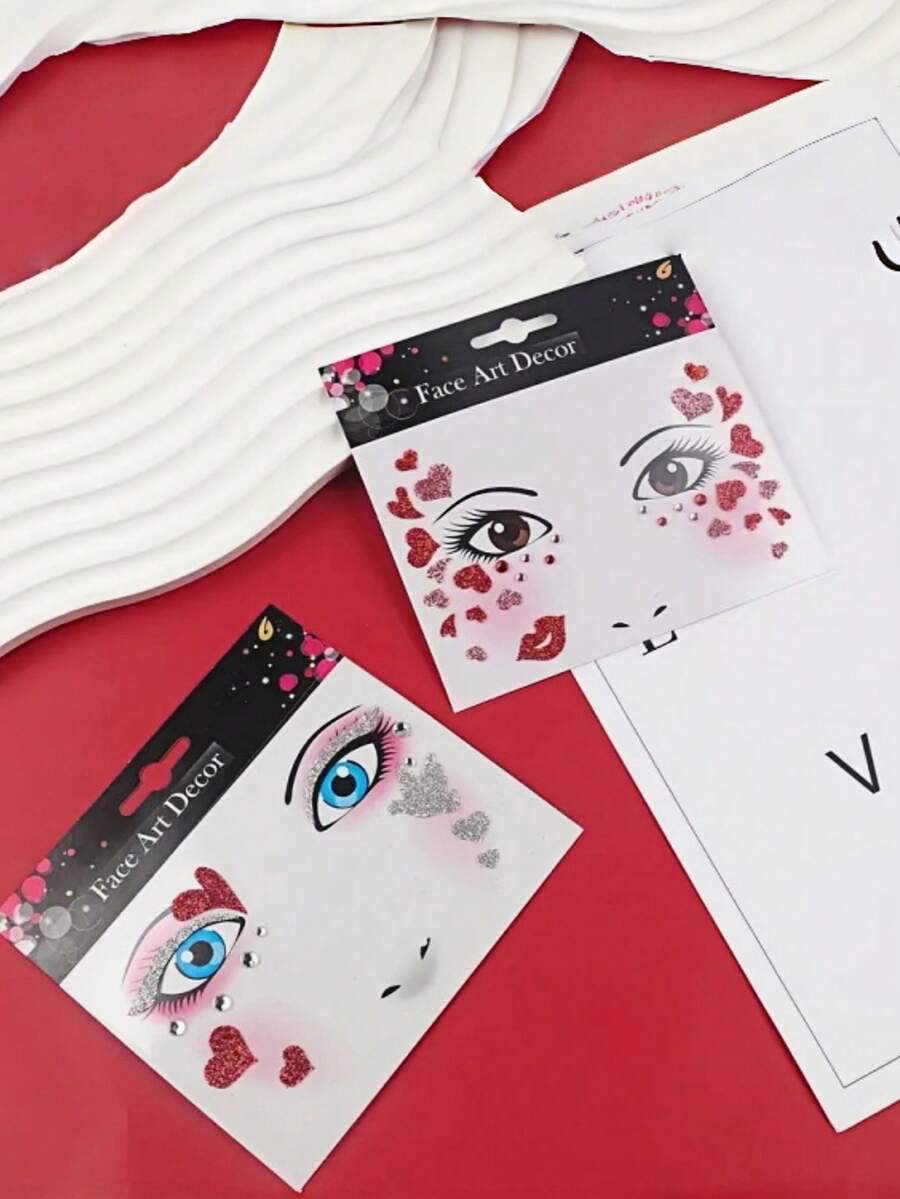 1 miếng dán trang trí mặt ngày Valentine, miếng dán hình trái tim đính đá, miếng dán hình xăm môi trái tim màu đỏ, miếng dán nghệ thuật mặt đính pha lê lấp lánh, miếng dán trang trí mắt hình trái tim, trang điểm ngày Valentine - Nhiều màu - Xem 1