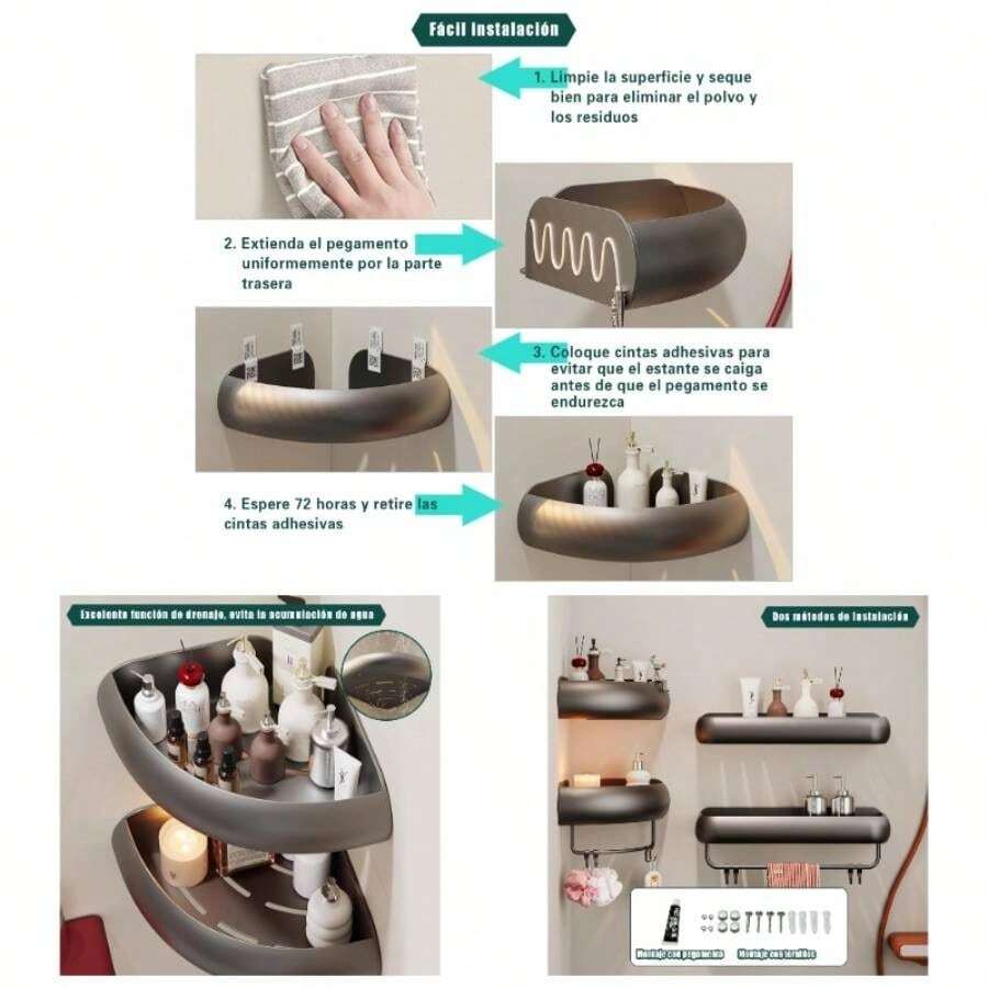 Esquinero para Bao Regadera Ventosa Repisas Sin Taladro Organizador de Regadera Metal de Aluminio Porta Shampoo Antixido Estante Organizador Bao Gris Mueble para Regadera - pegamento triangular 2unidades - Ver 1