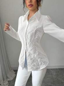 女士白色长袖翻领衬衫，撞色蕾丝细节，纽扣前襟，常规版型 - 白色 - 查看 2